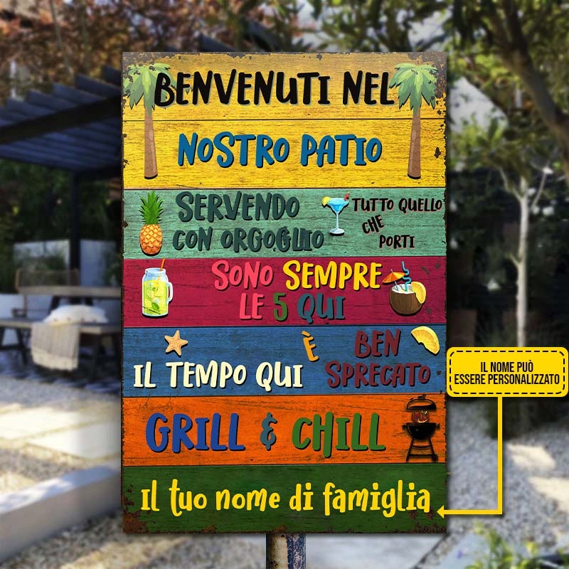 Benvenuti nel nostro Patio - Classico segno di metallo