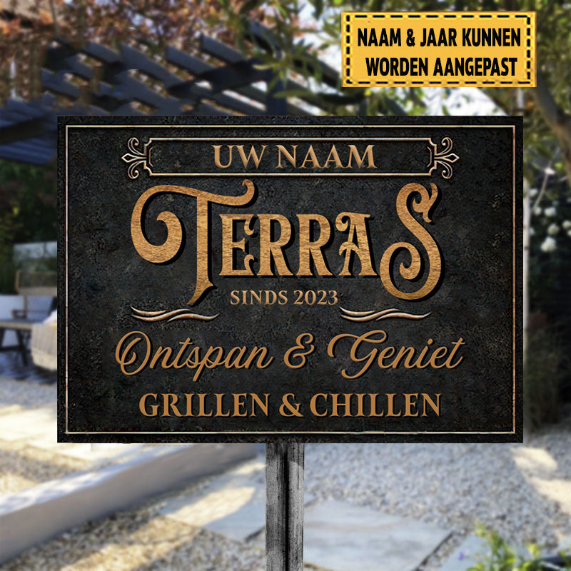 Terras Ontspan & Geniet - Klassiek metalen bord
