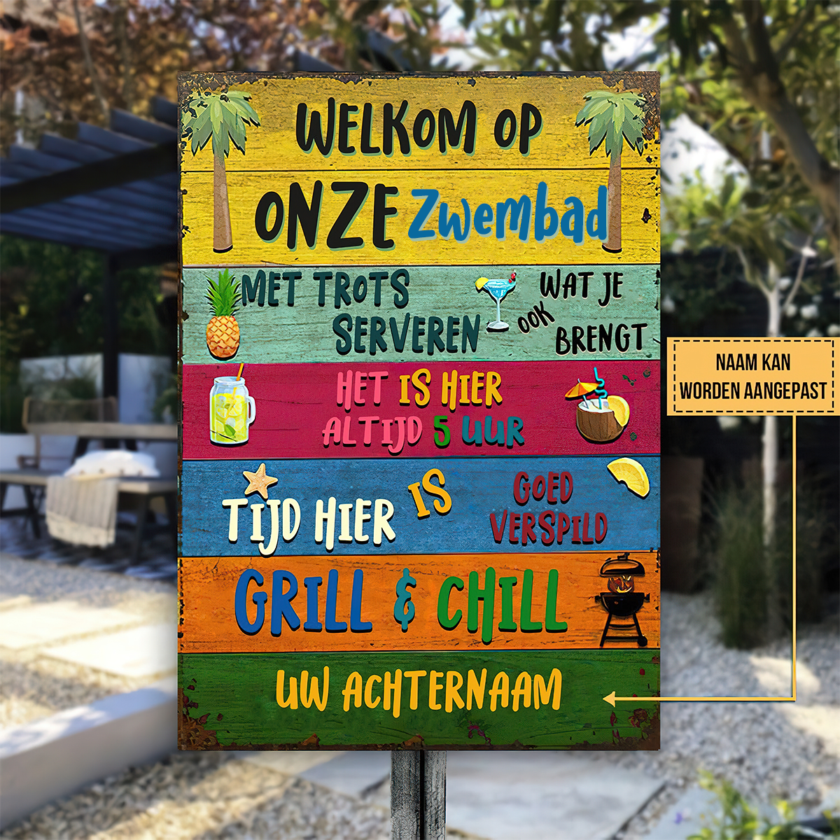 Welkom Op Onze Zwembad Met Trots Serveren Wat Je Ook Brengt Klassiek metalen bord