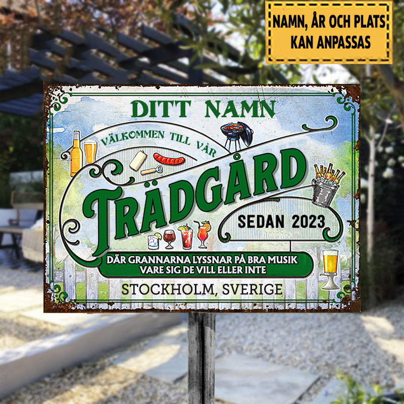 Välkommen Till Vår Trädgård 2 Klassisk metallskylt
