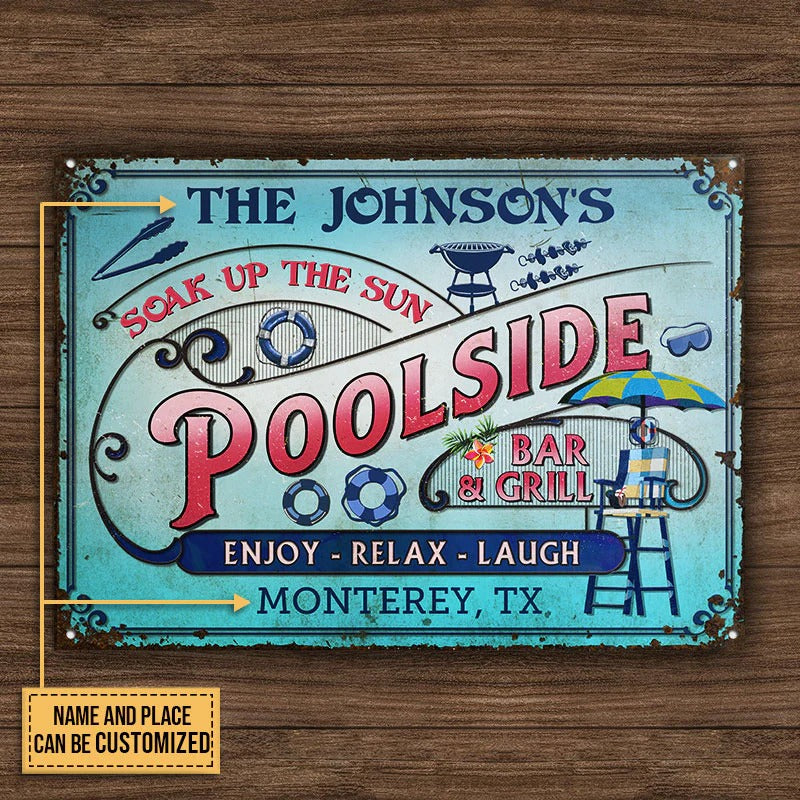 Personalized Pool Bar & Grill Pink And Blue Custom Classic Metal Signs