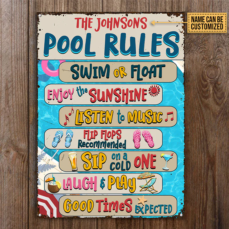 Swimming Pool Rules Sip On Cold One Custom Classic Metal Signs, Pool Decor