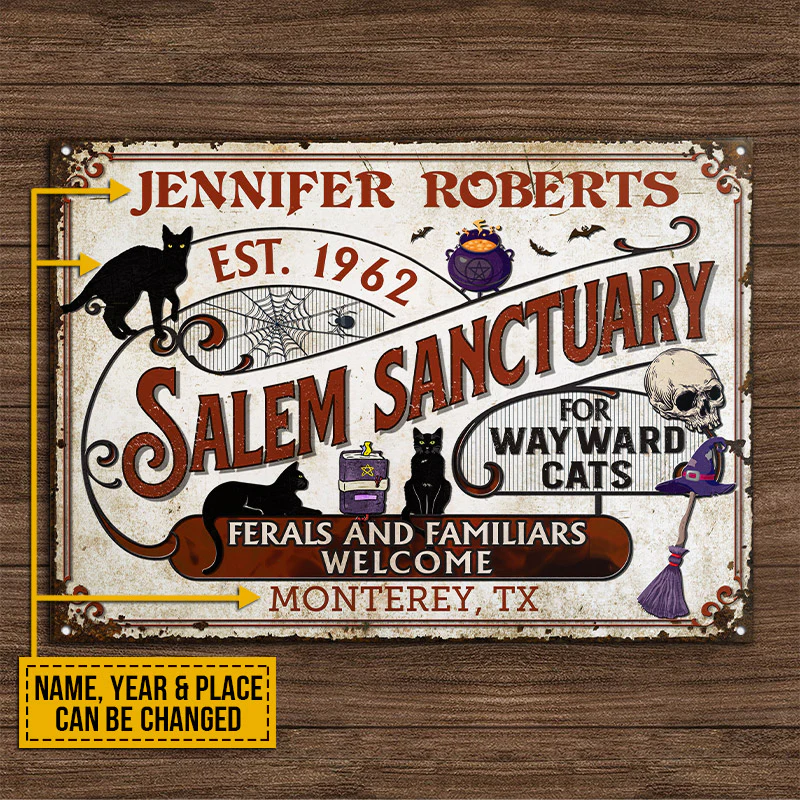 Witch Black Cat Salem Sanctuary For Wayward Cats Custom Classic Metal Signs, Witch Decor, Witchy, Goth, Witch Sign, Halloween Sign, Halloween Gift