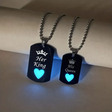 Luminous Heart of Love, His King and His Queen - Stainless Steel Couple Necklace