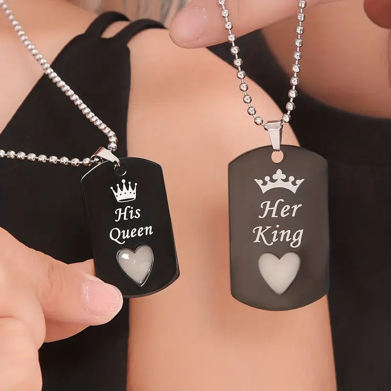 Coeur d'Amour Lumineux, son Roi et sa Reine - Collier en acier inoxydable pour couple