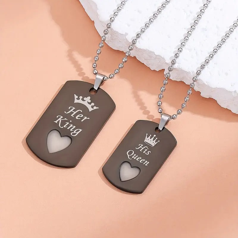 Luminous Heart of Love, His King and His Queen - Stainless Steel Couple Necklace