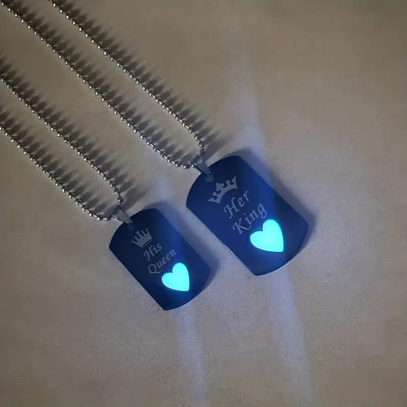 Luminous Heart of Love, His King and His Queen - Stainless Steel Couple Necklace