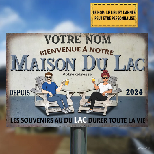 Bienvenue À Notre Maison Du Lac Enseigne Métallique Classique