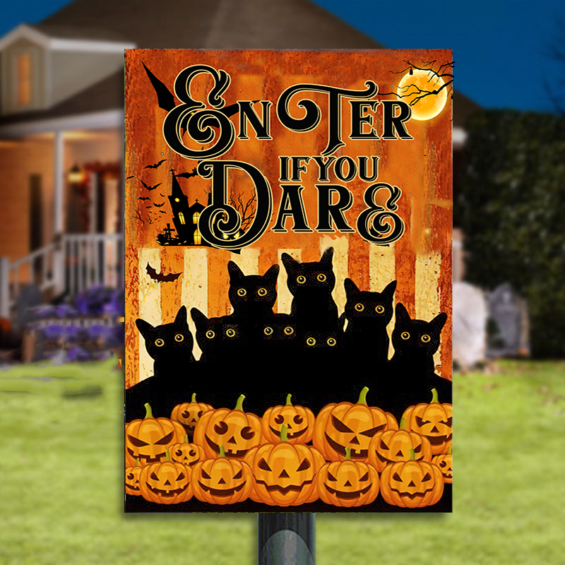 Panneau métallique classique Chat noir Halloween Entrez si vous l'osez