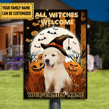 Toutes les sorcières bienvenues panneau métallique classique Halloween Golden Retriever