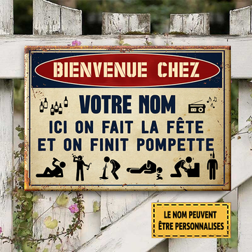 Plaque métallique classique « Ici on fait la fête »