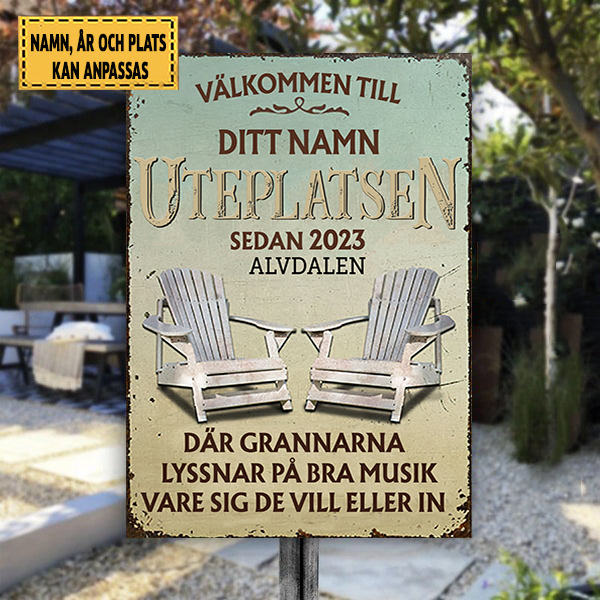 Välkommen Till Uteplatsen Bra Musik Klassisk metallskylt