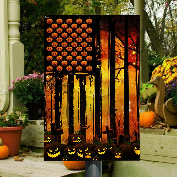 Panneau Métal Classique Halloween Drapeau Américain Citrouille