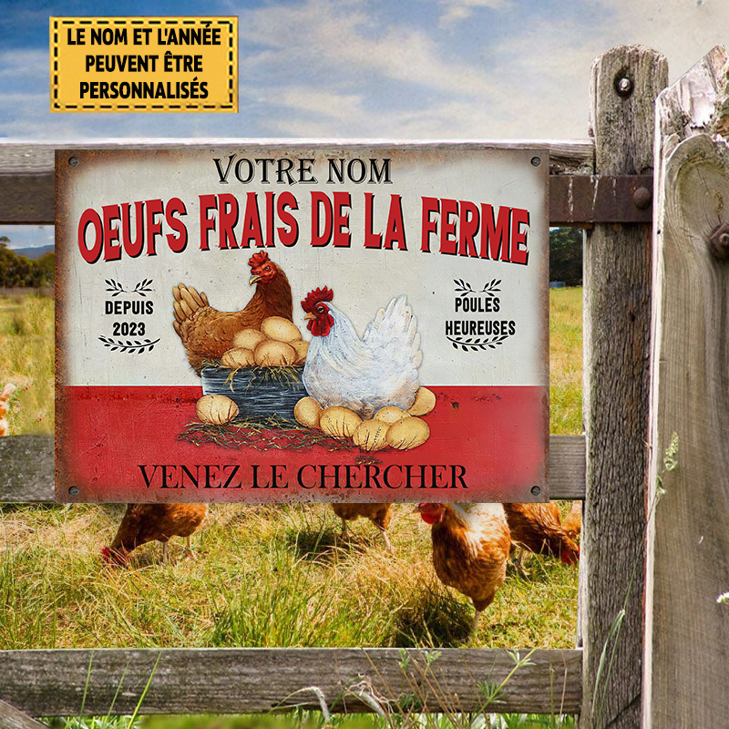 Oeufs frais de la ferme poules heureuses enseigne métallique classique