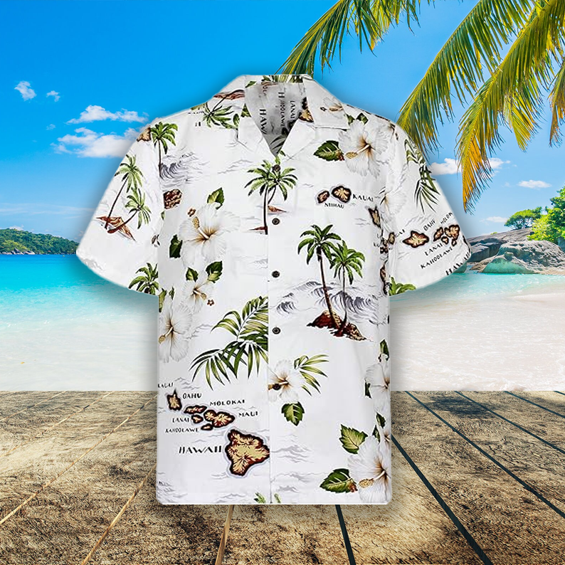 Hawaiian Shirt for Men with Island Archipelago Pattern in White Color