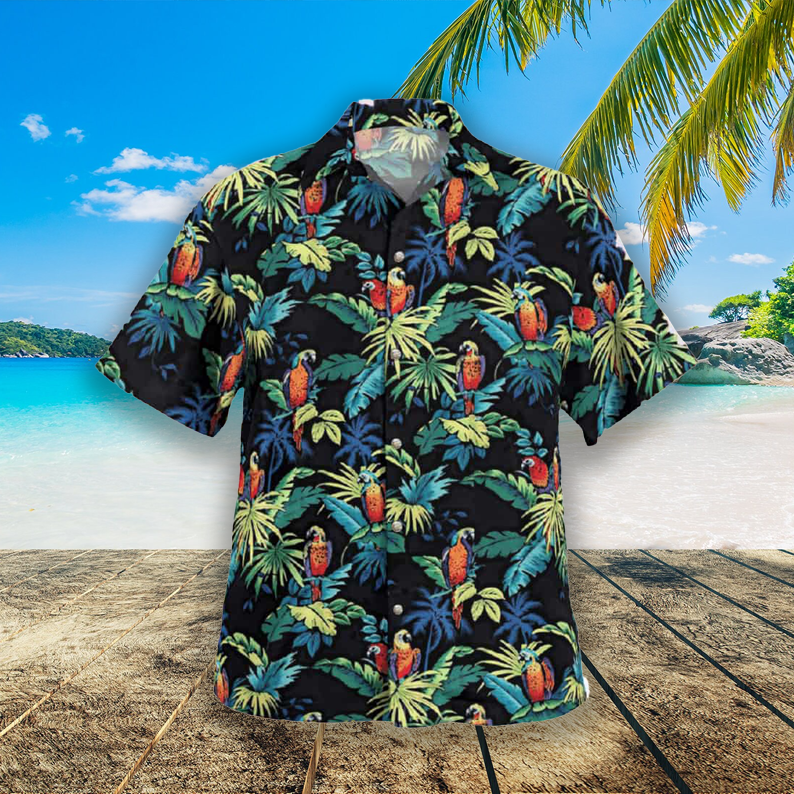 Men's Hawaiian Shirt With Parrot And Palm Tree Pattern