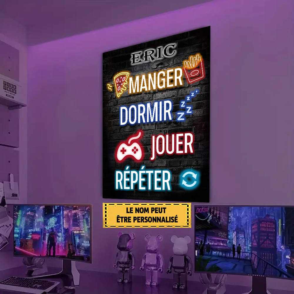 Manger Dormir Jouer Répéter, Enseigne Métallique pour Gamer