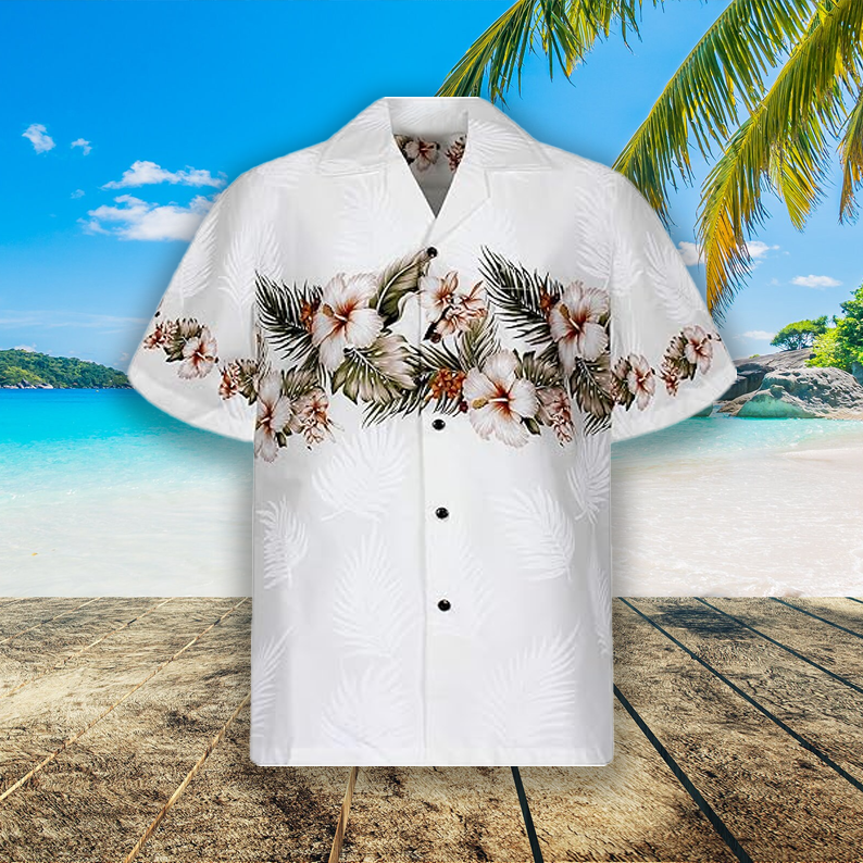 Men's Big Hibiscus Palm White Shirt
