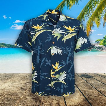 Men's Hawaiian Shirt Paradise Bamboo Navy Rayon