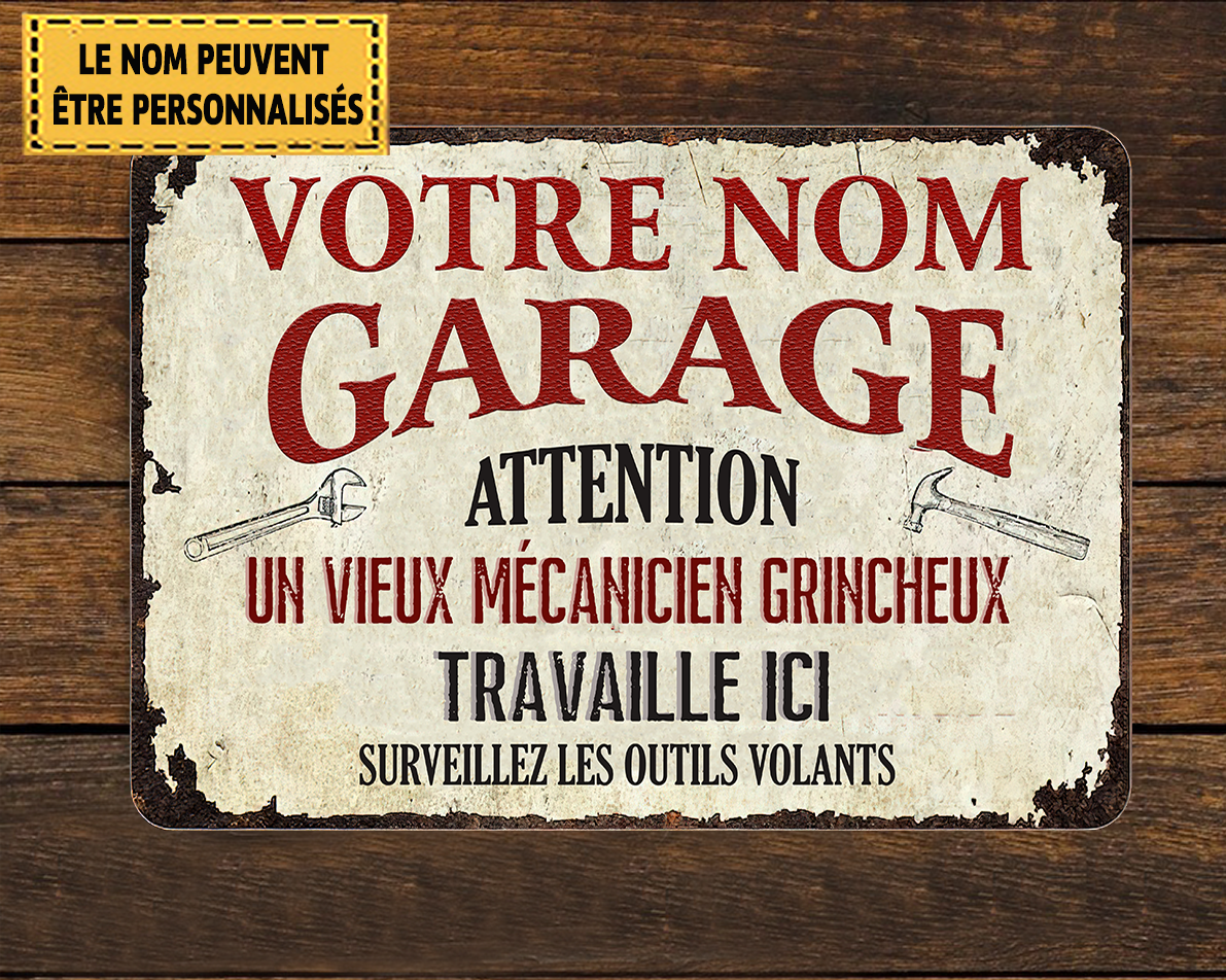Un Vieux Mécanicien Grincheux Travaille Ici 4 Enseigne Métallique Classique