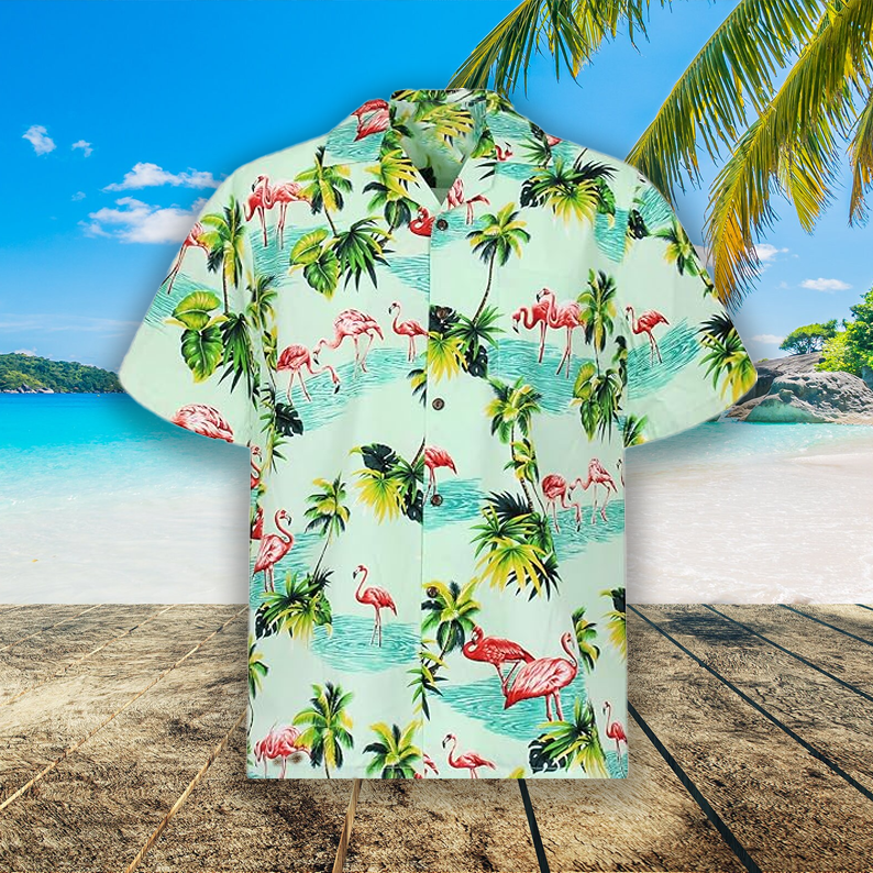Men's Turquoise Hawaiian Flamingo Print Shirt