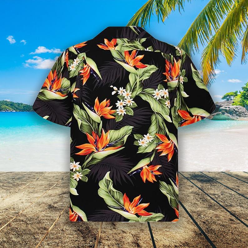 Hawaiian Aloha Black Shirt for Men with Bird of Paradise Pattern