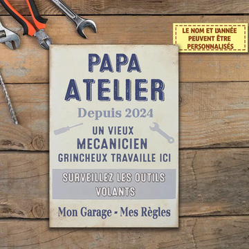 Un vieux mécanicien grincheux travaille ici - enseigne en métal pour garage