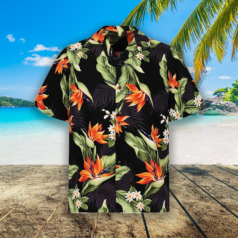 Hawaiian Aloha Black Shirt for Men with Bird of Paradise Pattern