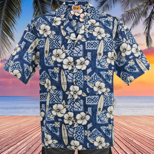 Chemise Aloha Hawaïenne avec Fleurs d'Hibiscus et Planche de Surf, Couleur Bleue