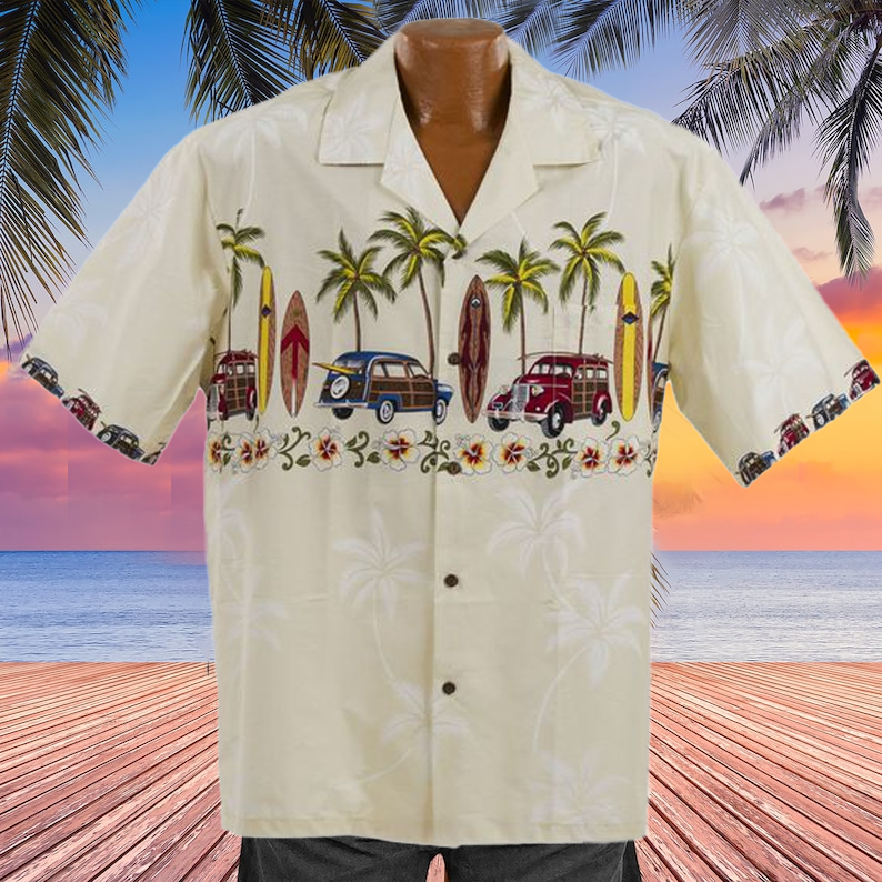 Chemise hawaïenne vintage en coton pour homme, motif floral avec palmier, pour vacances, plage