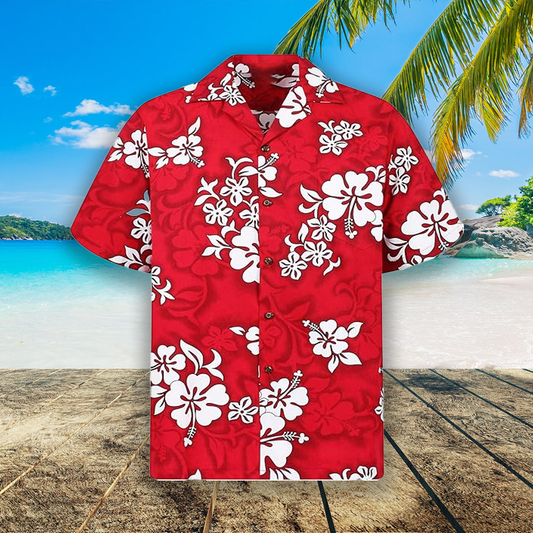 Chemise Aloha Hawaïenne Homme Fleur d'Hibiscus Tropicale Couleur Rouge