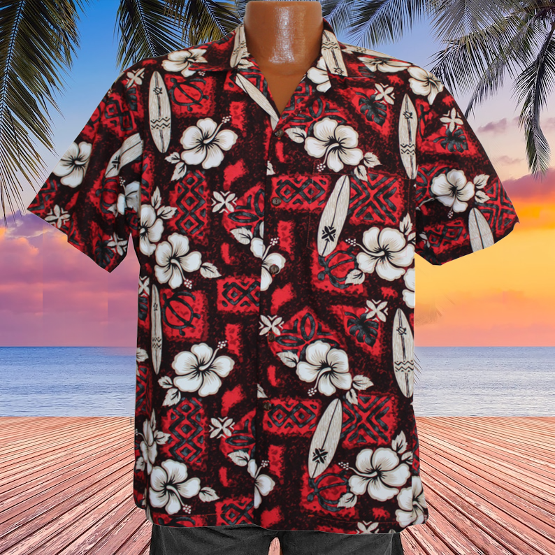 Chemise Aloha Hawaïenne avec Fleurs d'Hibiscus et Planche de Surf, Couleur Rouge