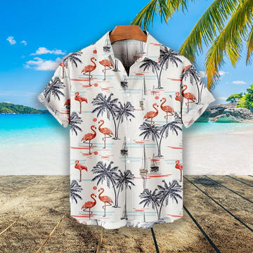 Men's Flamingo and Palm Tree Print Hawaiian Summer Shirt