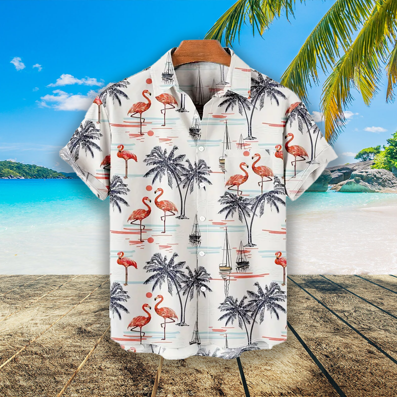 Men's Flamingo and Palm Tree Print Hawaiian Summer Shirt