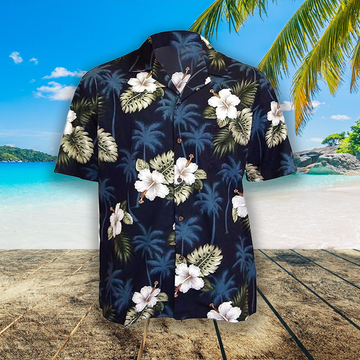 Hawaiian Shirt with White Hibiscus and Tropical Palm Trees