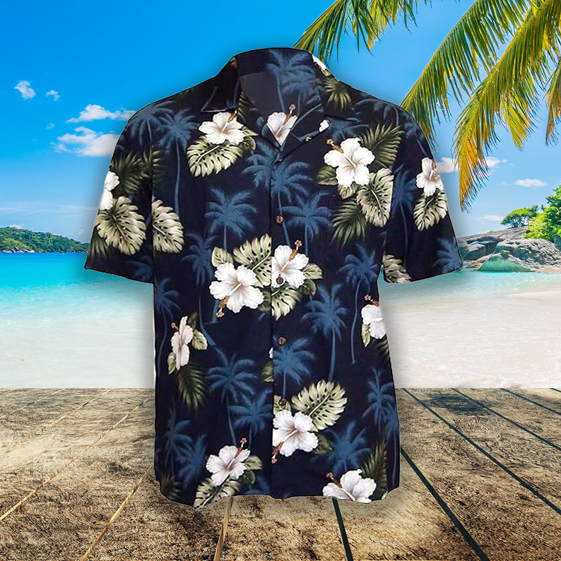 Hawaiian Shirt with White Hibiscus and Tropical Palm Trees