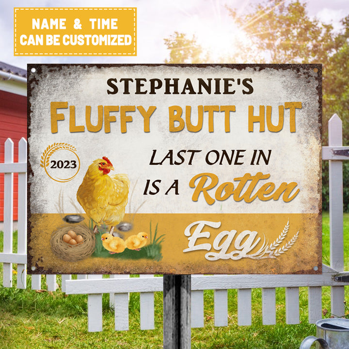 Personalized Farm Chicken Coop Sign - Fluffy Butt Hut Last One In Is A Rotten Egg Classic Metal Signs