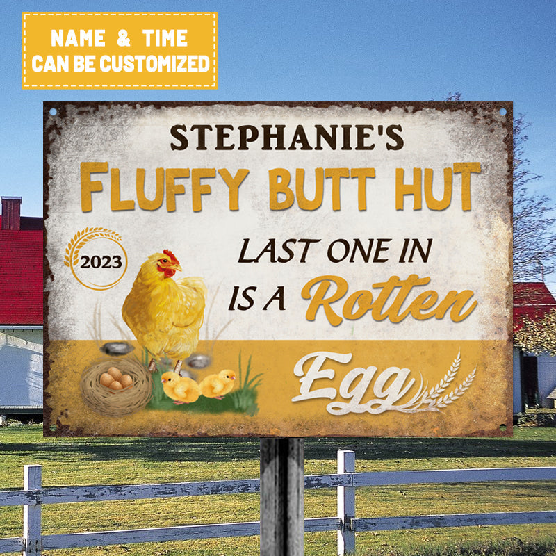 Personalized Farm Chicken Coop Sign - Fluffy Butt Hut Last One In Is A Rotten Egg Classic Metal Signs