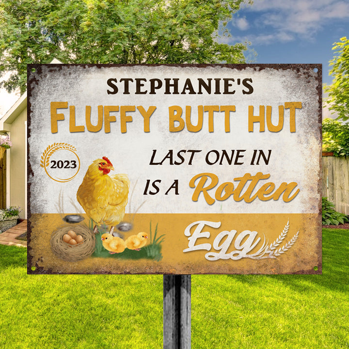 Personalized Farm Chicken Coop Sign - Fluffy Butt Hut Last One In Is A Rotten Egg Classic Metal Signs