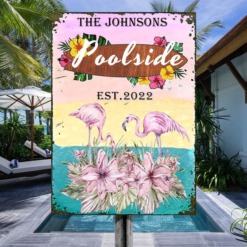 Personalisierte Flamingo Lounge - Schild am Pool - Personalisierte klassische Metallschilder