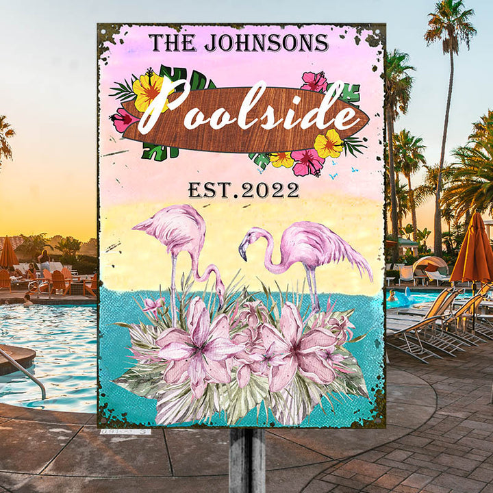 Personalisierte Flamingo Lounge - Schild am Pool - Personalisierte klassische Metallschilder