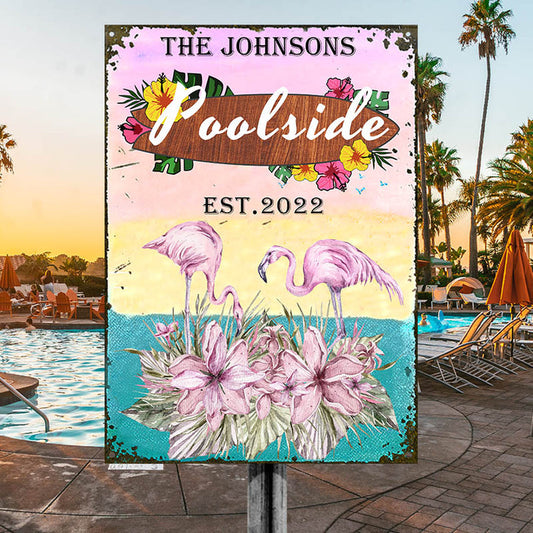 Personalized Flamingo Lounge - Poolside Sign - Customized Classic Metal Signs