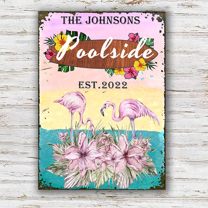 Personalized Flamingo Lounge - Poolside Sign - Customized Classic Metal Signs