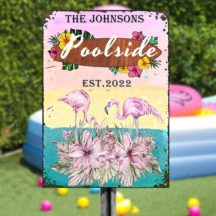 Personalisierte Flamingo Lounge - Schild am Pool - Personalisierte klassische Metallschilder