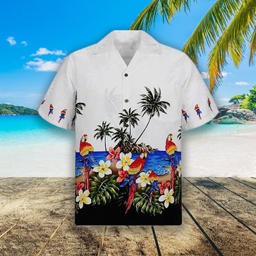 Chemise hawaïenne estivale tropicale avec perroquet, feuille verte et motifs Tiki Aloha