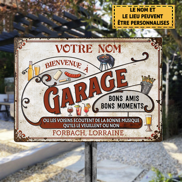 Bienvenue au Garage Bons Amis Bons Moments - Panneau Métallique Rétro