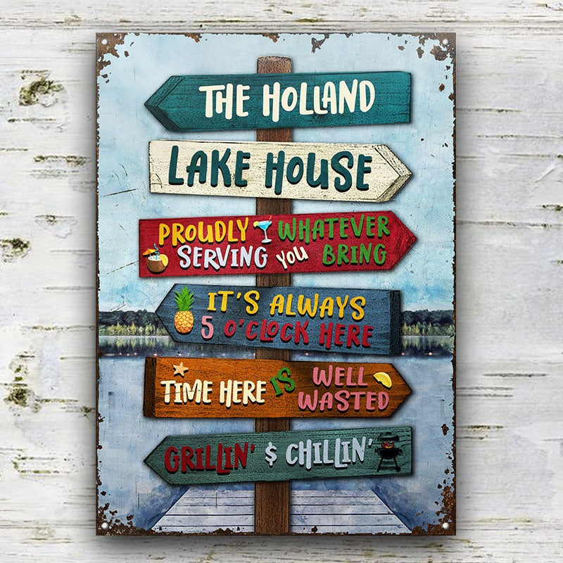 Lake House serviert stolz, was auch immer Sie mitbringen - personalisierte individuelle klassische Metallschilder