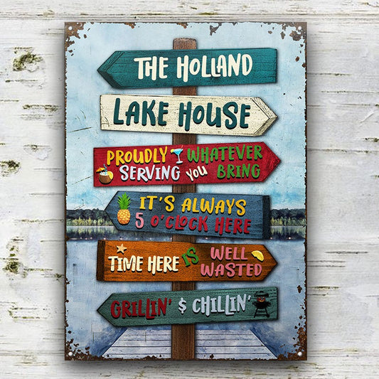 Lake House serviert stolz, was auch immer Sie mitbringen - personalisierte individuelle klassische Metallschilder