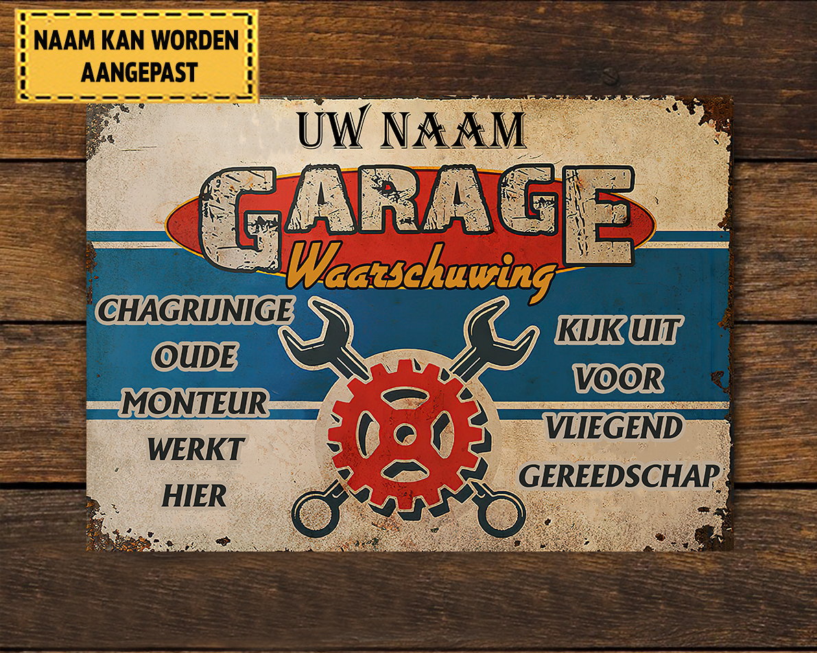 Chagrijnige oude monteur werkt hier - Klassiek metalen bord