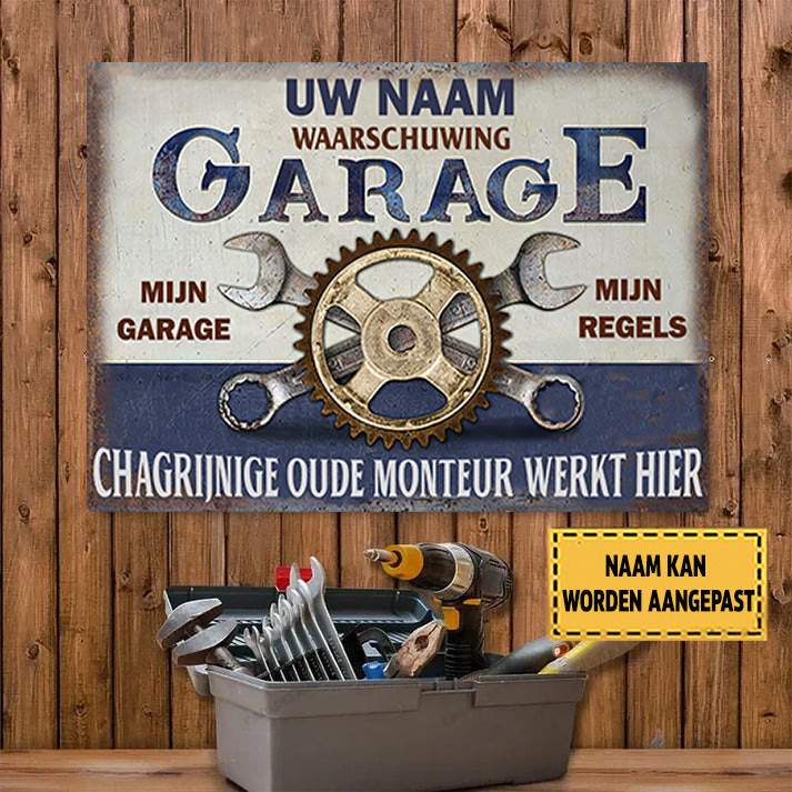 Chagrijnige Oude Monteur Werkt Hier - klassiek metalen bord